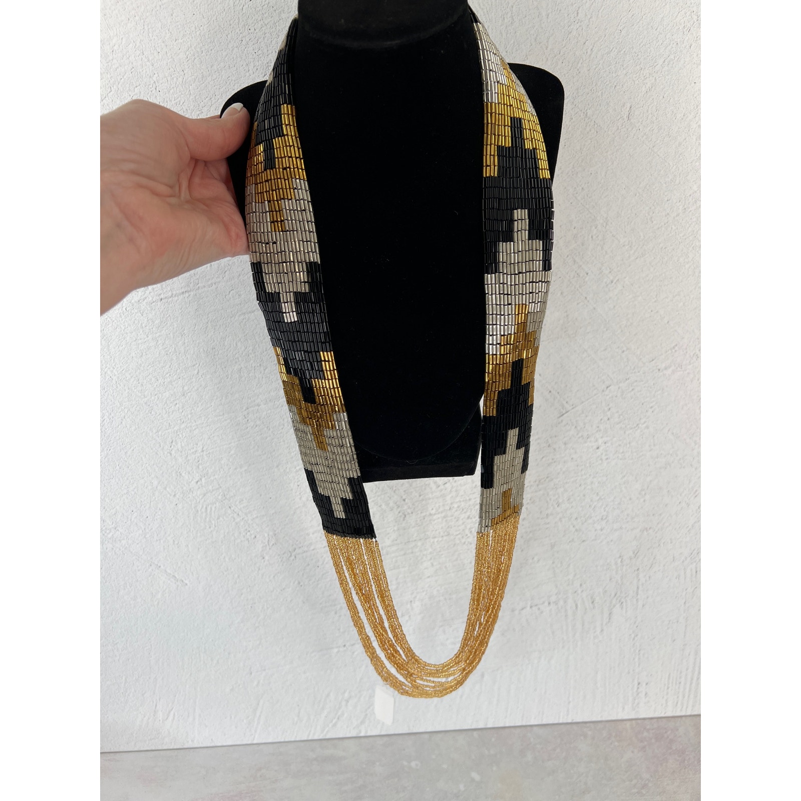 Himalayan Nepal Black And Gold Hand Beaded Necklace/ 18.5” Long